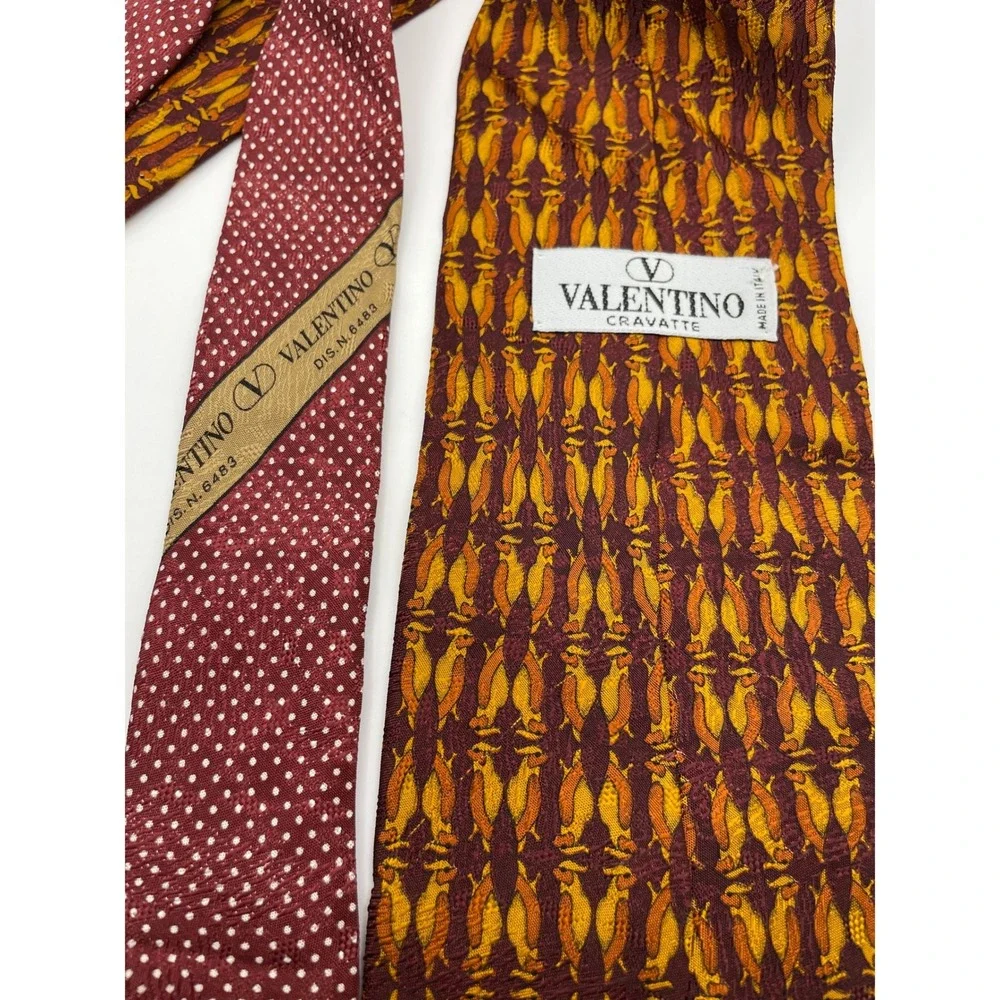 Valentino Cravatte Silk Tie Burgundy Orange Bird Print Made in Italy Vintage